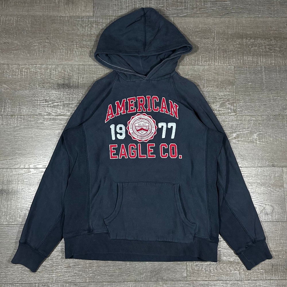 American Eagle Outfitters Navy Blue Hoodie Mens Large 1977 Raglan Sweatshirt